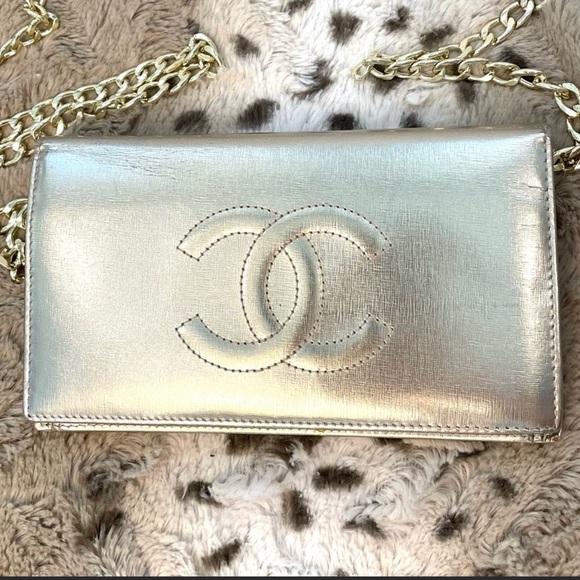 CHANEL Handbags - Beautiful AUTH. CHANEL light gold wallet with added chain